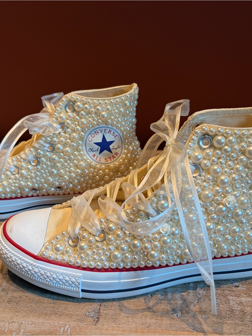 Converse High Top Pearl-Embellished Sneakers in Cream